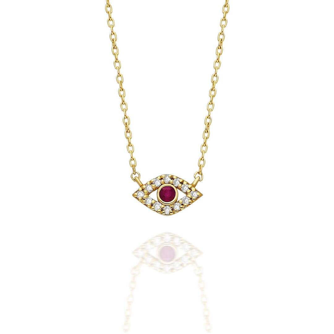 14k Gold and Diamond Evil Eye Necklace / Diamond and birthstone Evil Eye necklace / Evil Eye Necklace/ Sapphire/Ruby