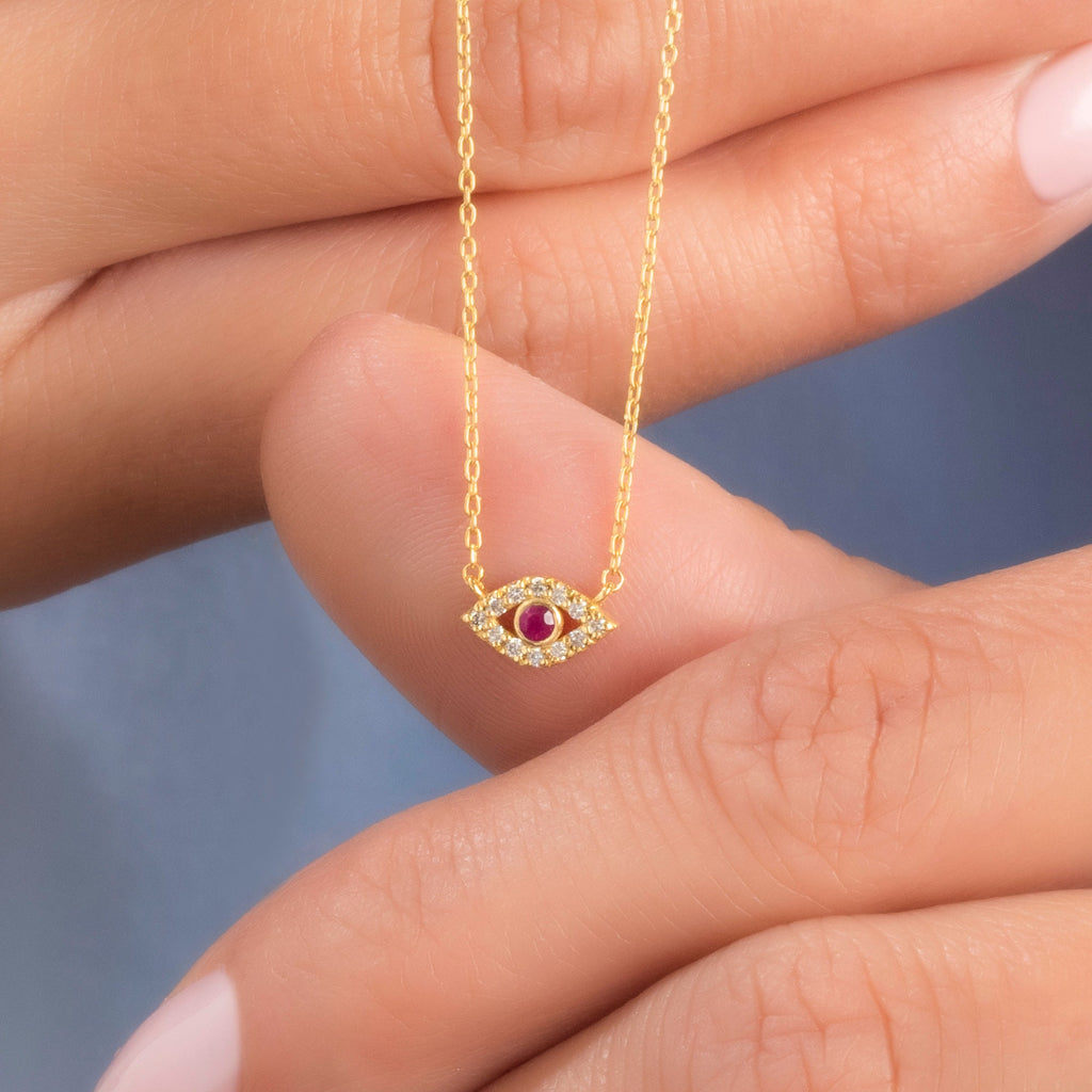 14k Gold and Diamond Evil Eye Necklace / Diamond and birthstone Evil Eye necklace / Evil Eye Necklace/ Sapphire/Ruby
