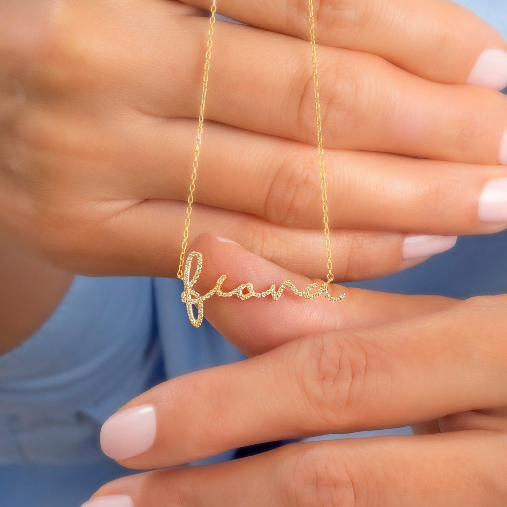 Diamond Name Necklace / 14k Personalized Dainty Script Name Necklace / Personalized Diamond Letter Necklace / Lowercase Name Necklace