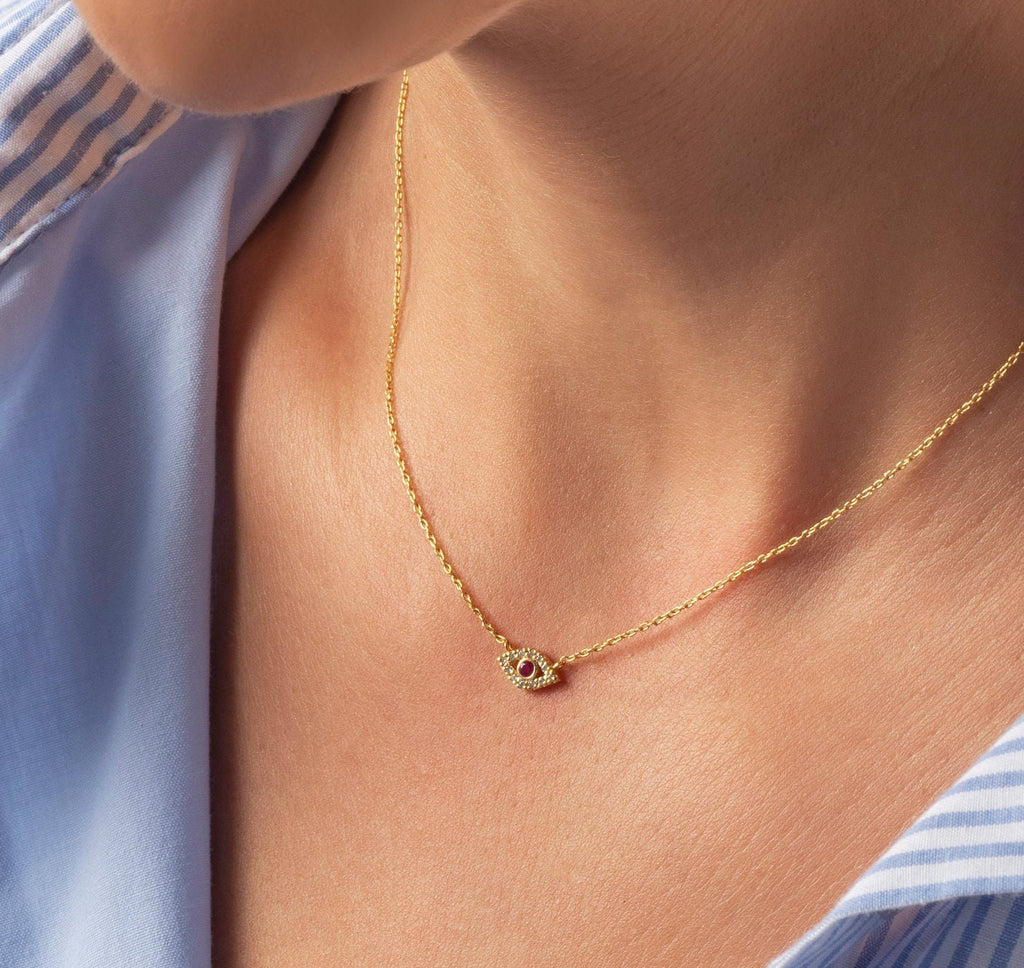 14k Gold and Diamond Evil Eye Necklace / Diamond and birthstone Evil Eye necklace / Evil Eye Necklace/ Sapphire/Ruby