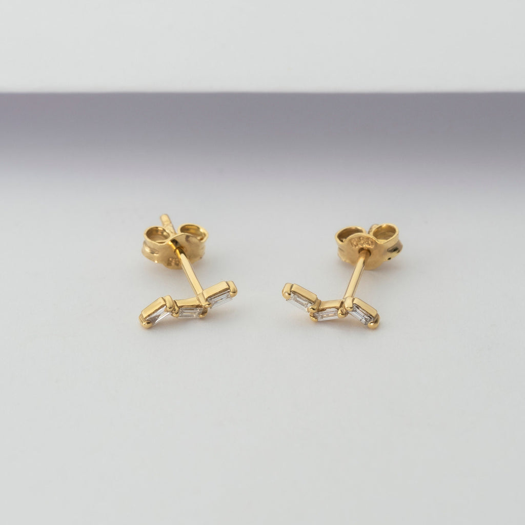 14k Gold Baguette Diamond Bar Studs: Tilted Minimalist Earrings