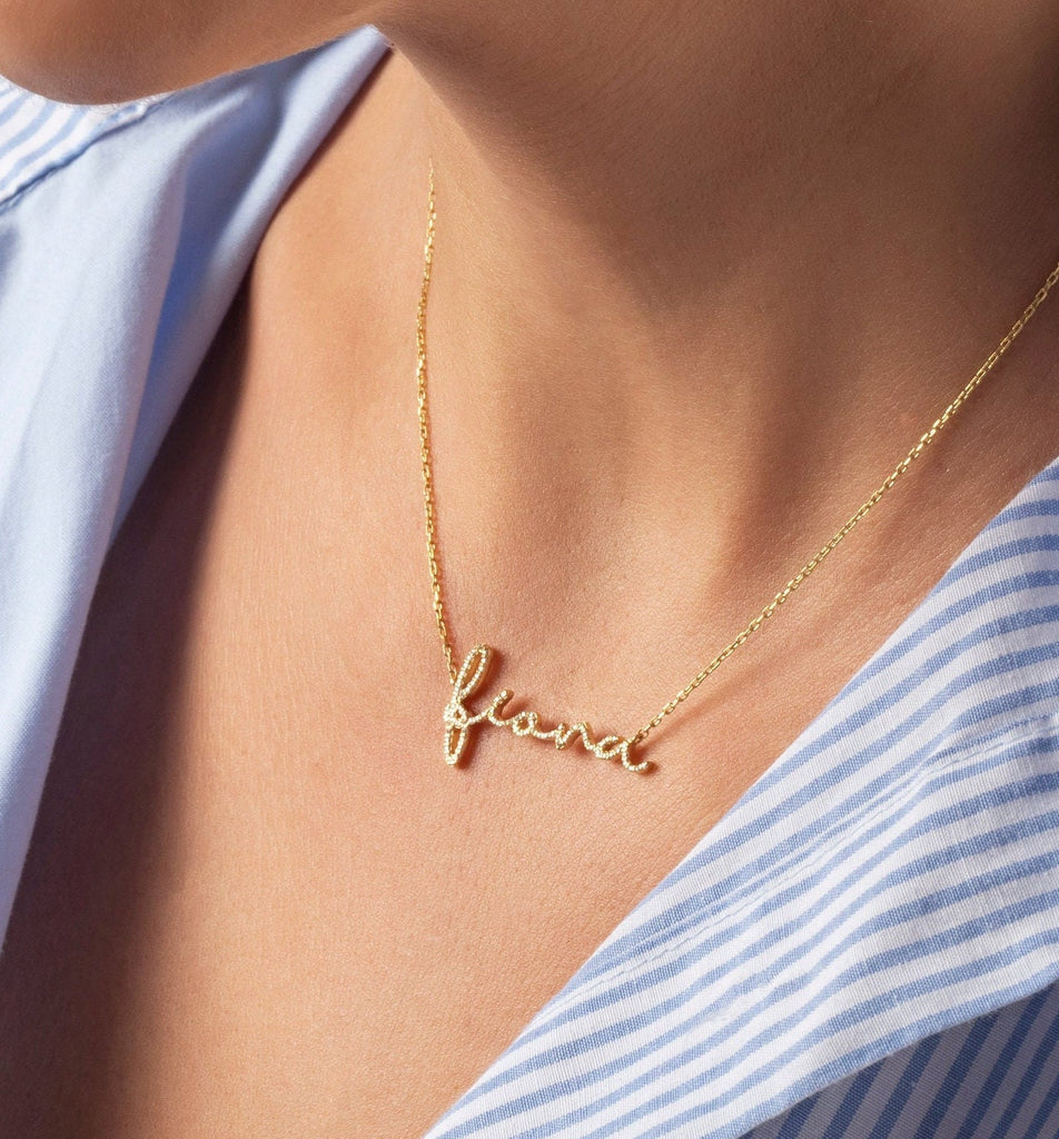 Diamond Name Necklace / 14k Personalized Dainty Script Name Necklace / Personalized Diamond Letter Necklace / Lowercase Name Necklace
