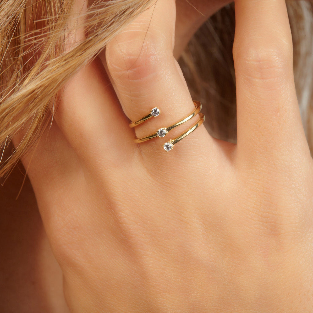 Diamond Spiral Cuff Ring / 14k Gold Spiral Diamond Cuff Ring / Diamond Spiral Ring/ Wedding Band / Stacking Ring / Birthday Gift