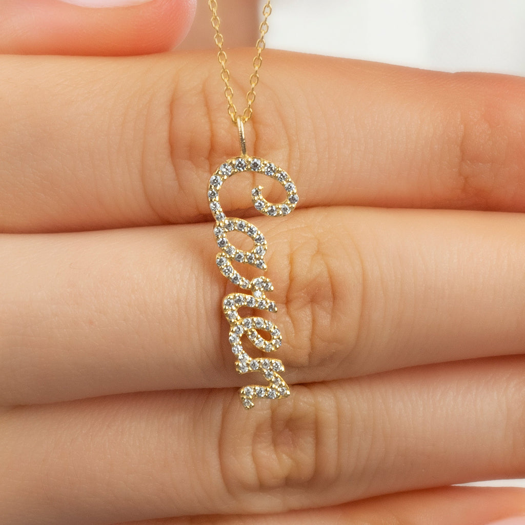 Diamond Name Necklace / 14k Personalized Diamond Vertical Name Necklace / Diamond Letter Necklace / Birthday Gift / Diamond Gift Ideas