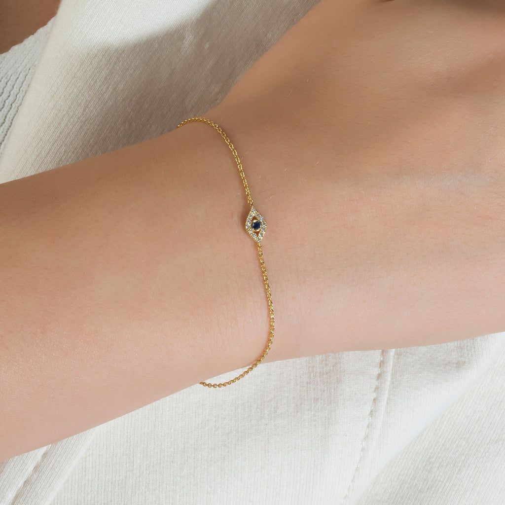 Sapphire Evil Eye Diamond Bracelet / 14k Sapphire and Diamond Evil Eye Protection Bracelet / Graduation Gift / Birthday Gift