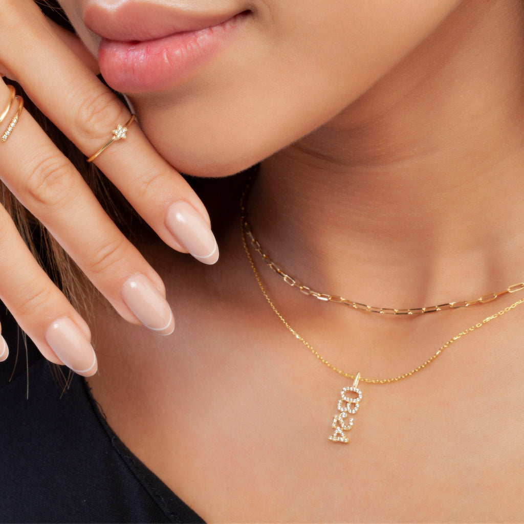 Diamond Date-Number Necklace / 14k Gold and Diamond Vertical Date Necklace / Diamond Coordiante Pendant / Diamond Birthdate Necklace