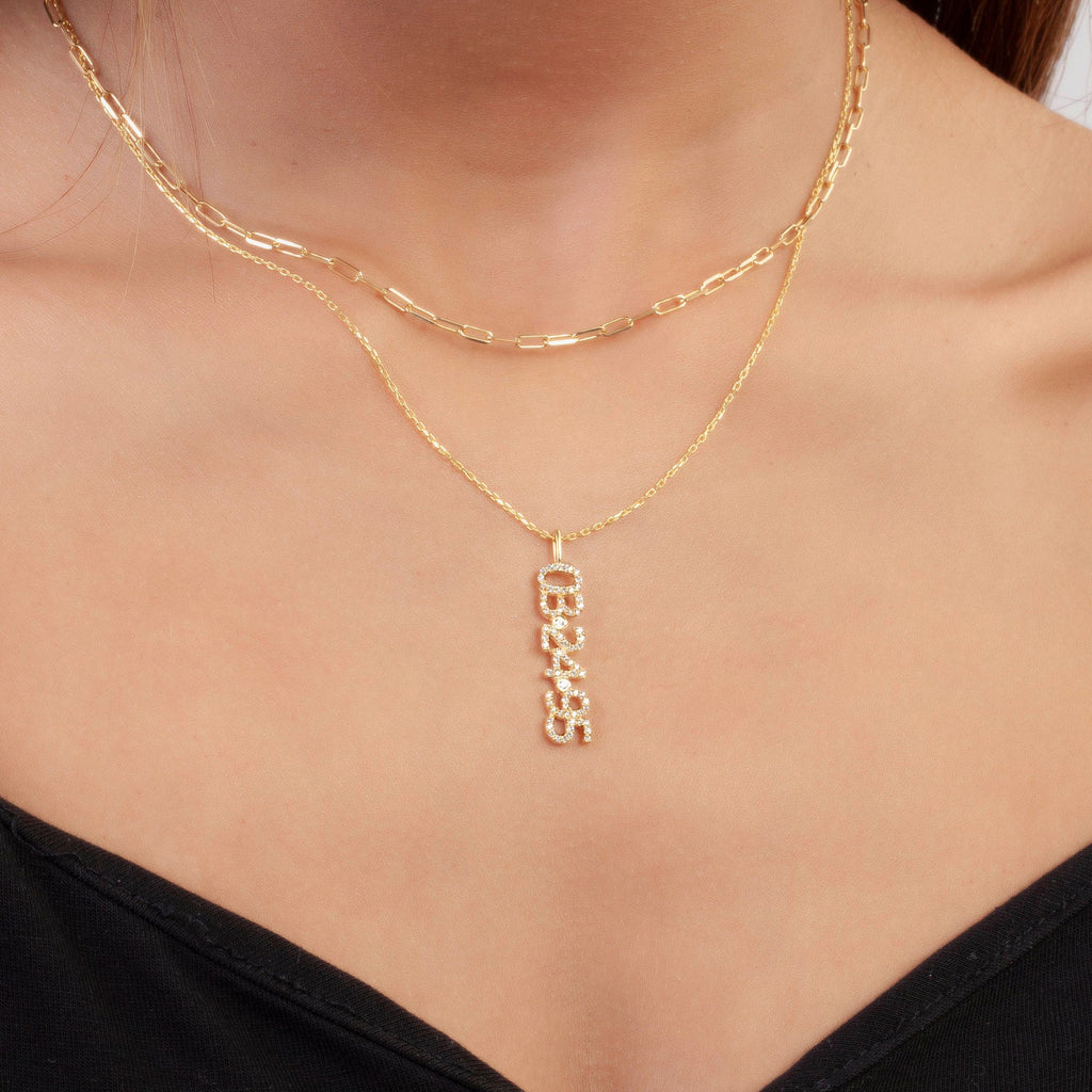 Diamond Date-Number Necklace / 14k Gold and Diamond Vertical Date Necklace / Diamond Coordiante Pendant / Diamond Birthdate Necklace