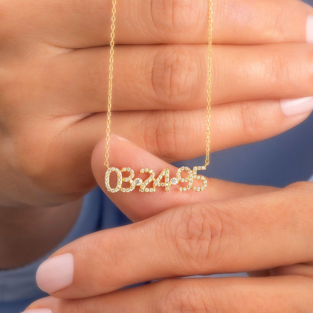 Diamond Date Necklace / 14k Gold and Diamond Date Necklace / Diamond Coordiante Necklace / Diamond Birthdate necklace