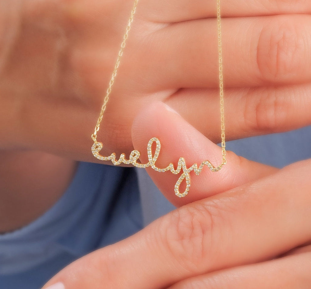 Diamond Name Necklace / 14k Personalized Dainty Script Name Necklace / Personalized Diamond Letter Necklace / Lowercase Name Necklace