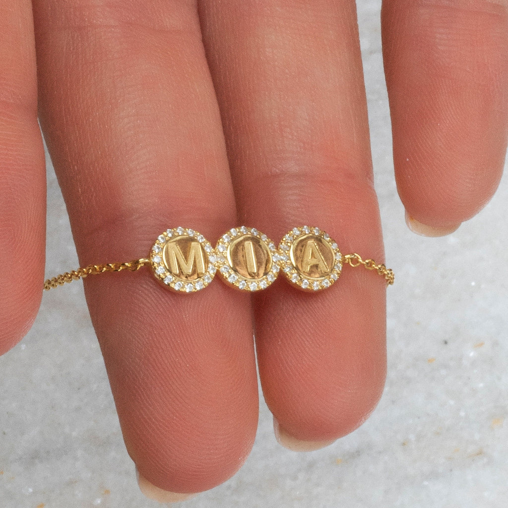 Diamond Name Bracelet / 14k Personalized Pave Disc Diamond Name Bracelet / Diamond Letter Bracelet / Birthday Gift / Diamond Gift Ideas