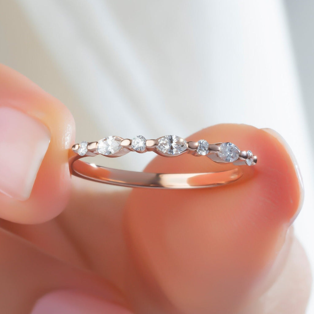 Marquise Diamond Wedding Band / 14k Marquise and Round Diamond Wedding Ring / Wedding Band / Stacking Ring / Diamond Bridal Gift Ideas