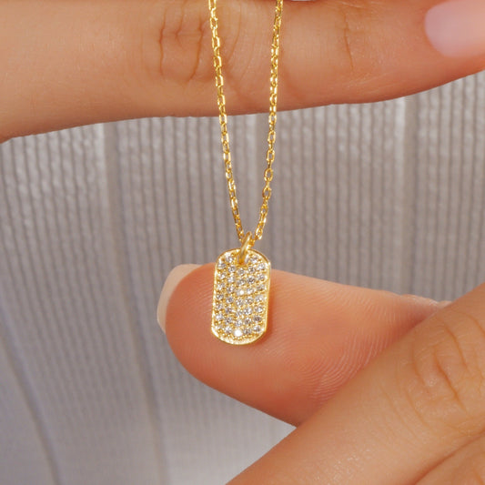 Diamond Dog Tag Necklace / 14k Gold or Silver Diamond Dog Tag Necklace / Diamond Necklace / Diamond Birthday Gift Idea / Dog Tag Pendant