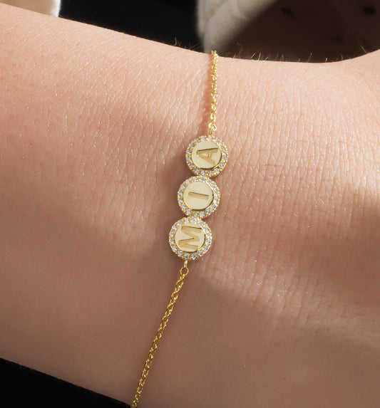 Diamond Name Bracelet / 14k Personalized Pave Disc Diamond Name Bracelet / Diamond Letter Bracelet / Birthday Gift / Diamond Gift Ideas