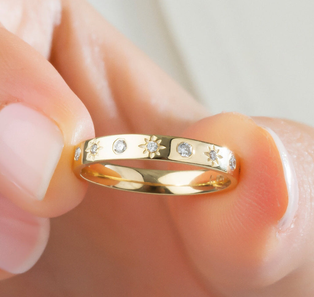 Diamond Eternity Wedding Band / 14k Gold Engraved Star Diamond Stacking Ring / Stackable Ring / Anniversary Gift / Diamond Engagement Band