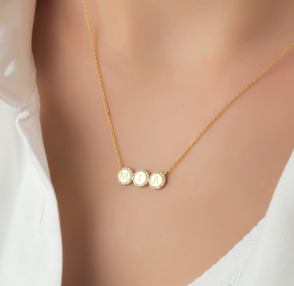 Pave Disc Diamond Initial Name Necklace