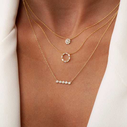 Diamond Circle Necklace / 14k Gold Baguette Diamond Disc Necklace / Dainty Diamond Necklace / Fancy Diamond Necklace / Holiday Gift