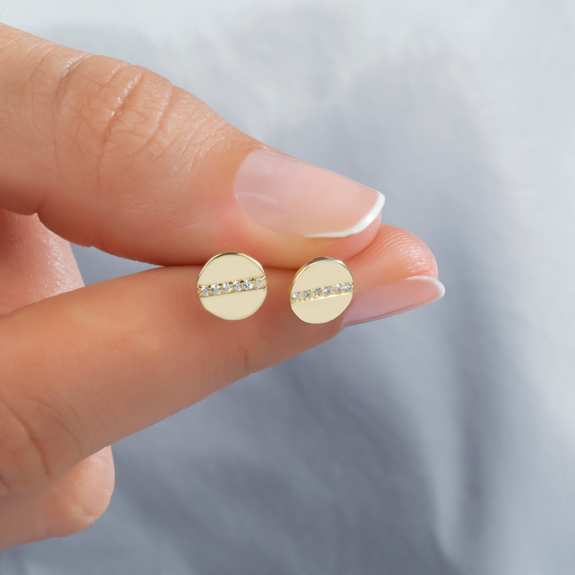 Diamond Disc Stud Earrings / 14k Gold Diamond Bar Stud Earrings/ Diamond Bar Studs / Diamond Anniversary Gift / Birthday Gift
