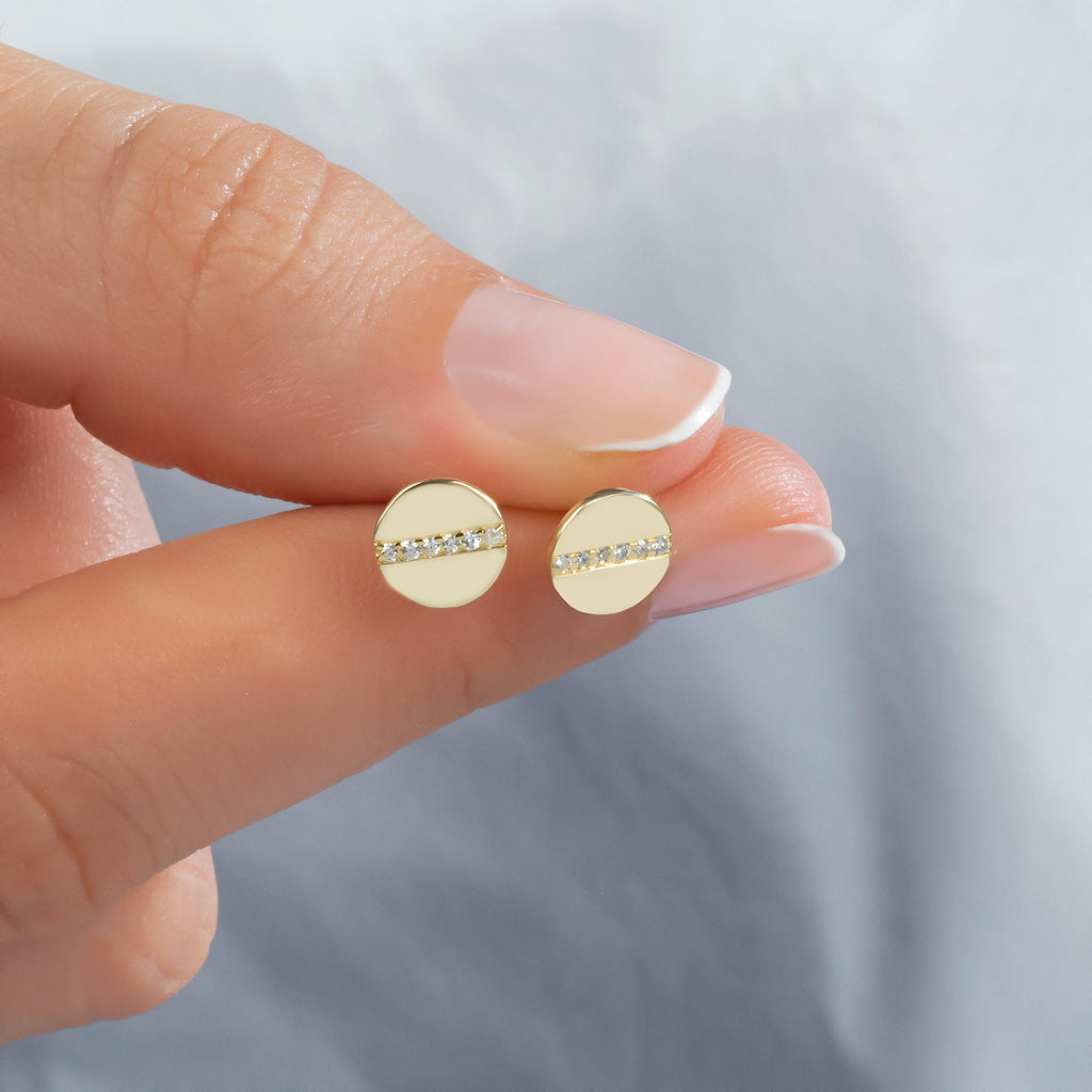 Diamond Disc Stud Earrings / 14k Gold Diamond Bar Stud Earrings/ Diamond Bar Studs / Diamond Anniversary Gift / Birthday Gift