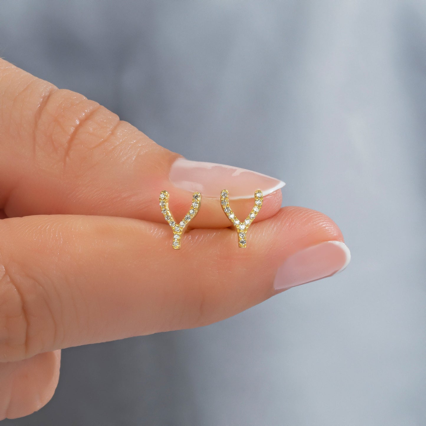 Diamond Wishbone Earrings / 14k Gold Diamond Wishbone Stud Earrings/ Dainty Diamond Studs / Diamond Anniversary Gift / Birthday Gift