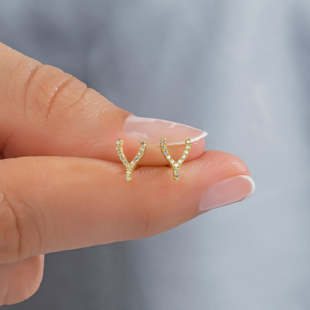 Diamond Wishbone Earrings / 14k Gold Diamond Wishbone Stud Earrings/ Dainty Diamond Studs / Diamond Anniversary Gift / Birthday Gift