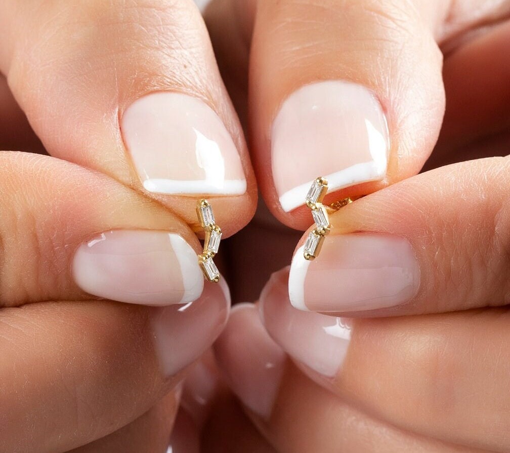 14k Gold Baguette Diamond Bar Studs: Tilted Minimalist Earrings