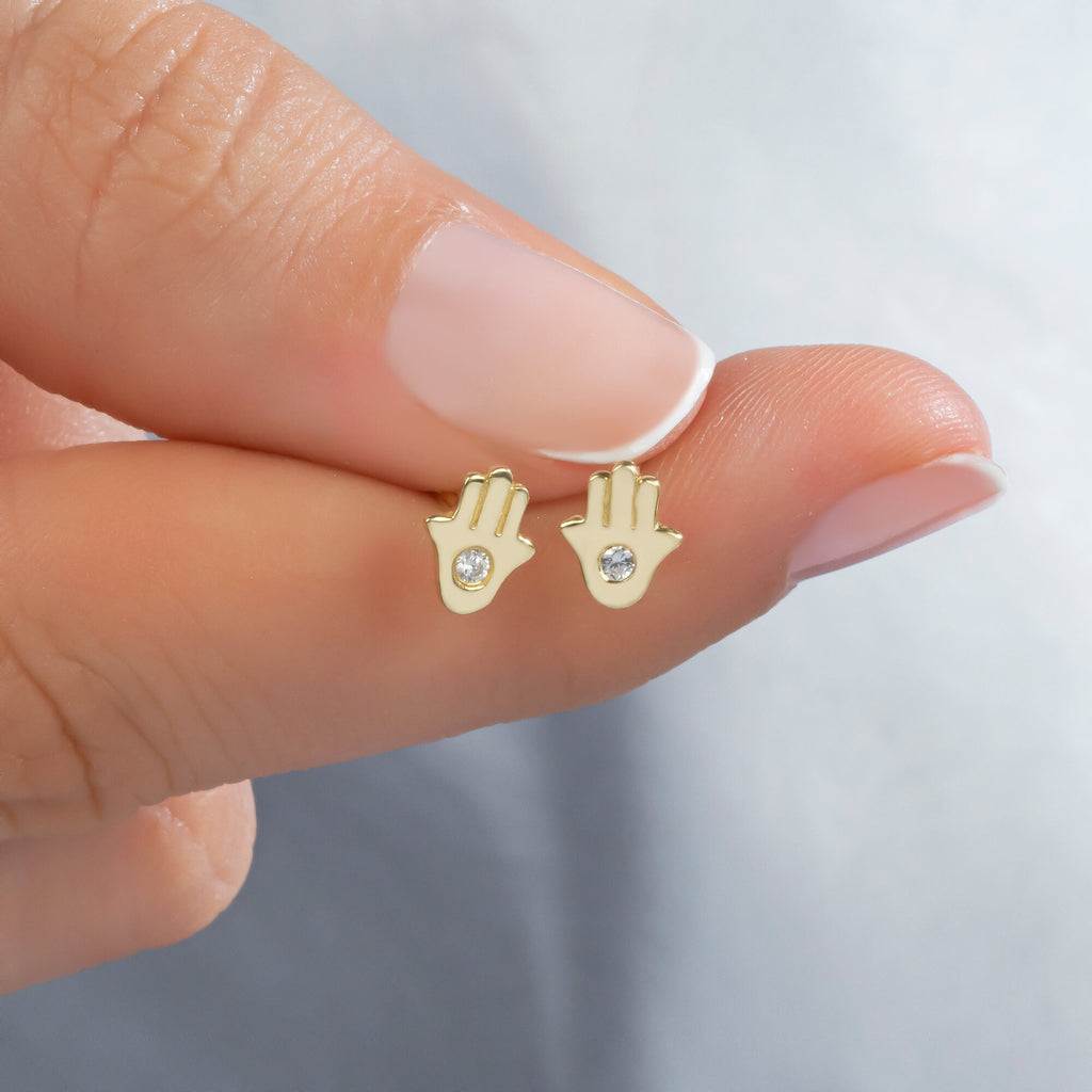 Diamond Hamsa Studs / 14k Gold Diamond Hand of Fatima Earrings/ Diamond Hand Studs / Diamond Anniversary Gift / Birthday Gift