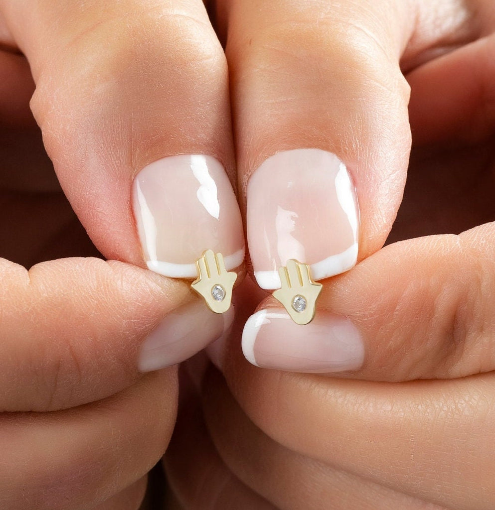 Diamond Hamsa Studs / 14k Gold Diamond Hand of Fatima Earrings/ Diamond Hand Studs / Diamond Anniversary Gift / Birthday Gift