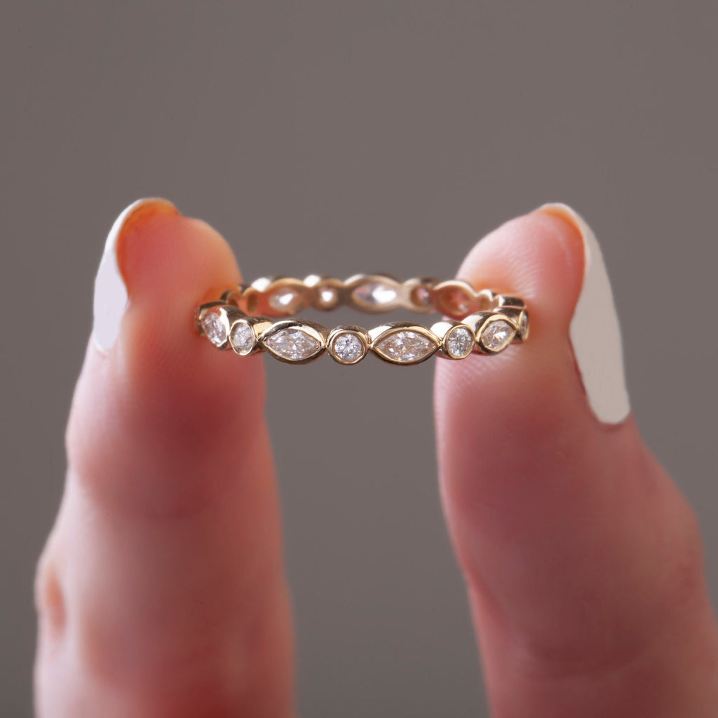 Marquise and Round Diamond Ring in 14k Gold / Bezel Setting Alternating Marquise & Round Diamond Half Eternity Anniversary Band / Birthday
