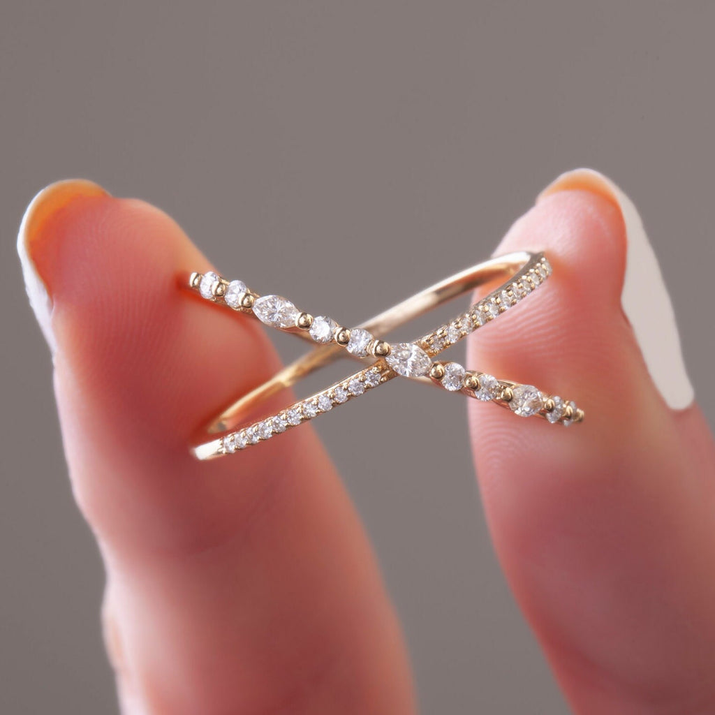 Diamond X Stacking Ring / 14k Gold Marquise and Round Diamond Crisscross Stacking Ring / Wedding Band / Stacking Ring/ Anniversary Gift