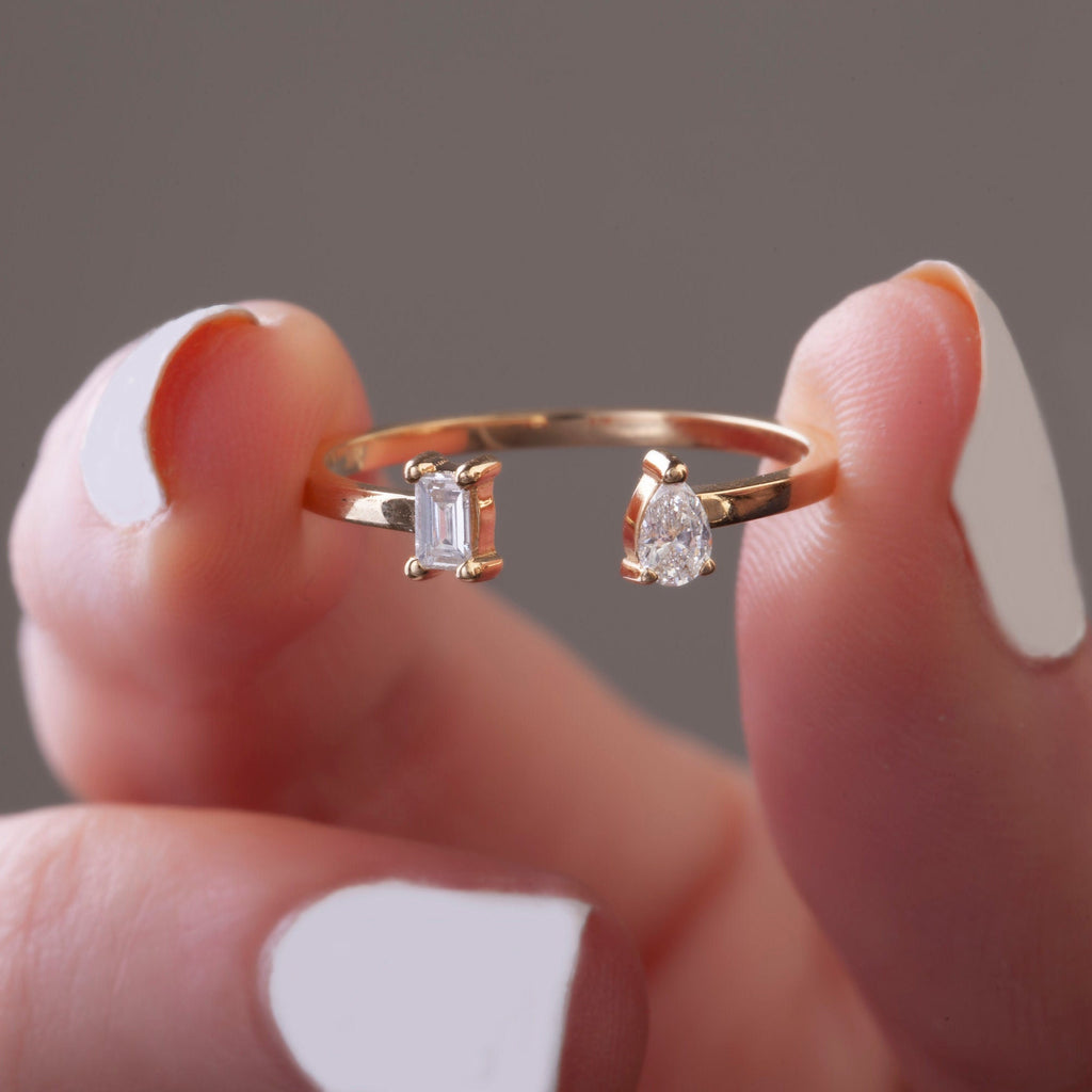 Diamond Cuff Ring / 14k Gold Pear and Baguette Diamond Cuff Band / Diamond Stacking Ring / Anniversary Gift / Diamond Gift Ideas