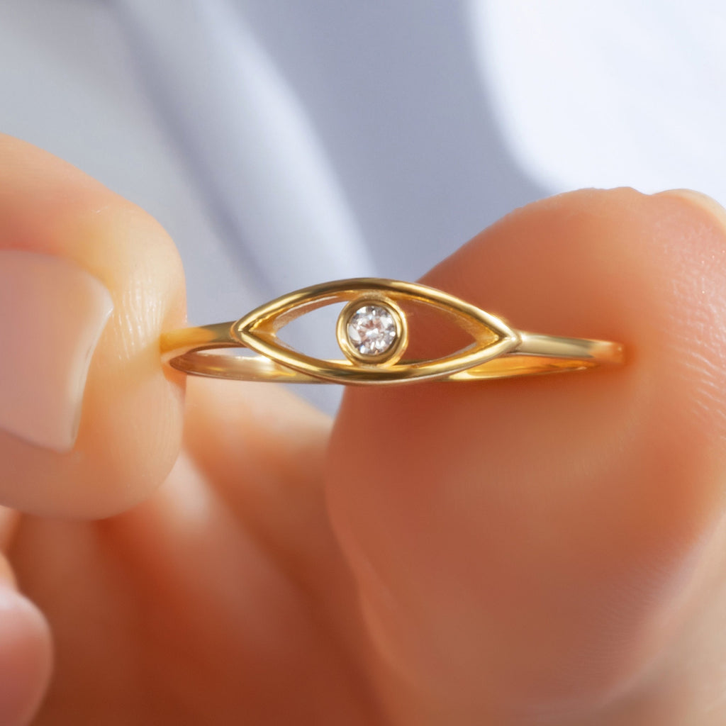 Diamond Evil Eye Ring / 14k Gold Diamond Evil Eye Ring / Protection Ring / Graduation Gift / Birthday Gift / Evil Eye Gift Ideas