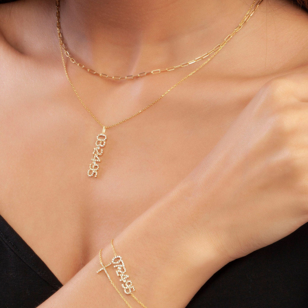 Diamond Date-Number Necklace / 14k Gold and Diamond Vertical Date Necklace / Diamond Coordiante Pendant / Diamond Birthdate Necklace