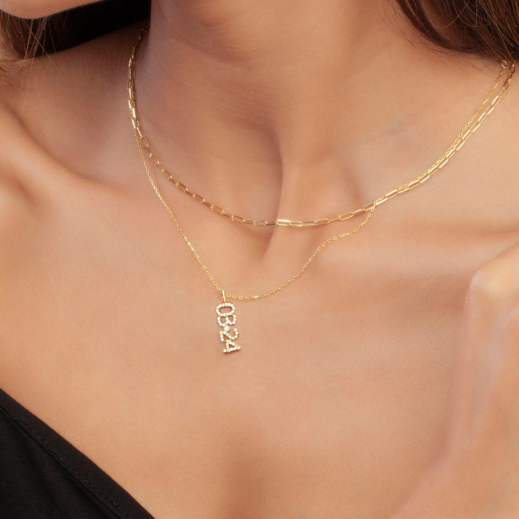 Diamond Date-Number Necklace / 14k Gold and Diamond Vertical Date Necklace / Diamond Coordiante Pendant / Diamond Birthdate Necklace