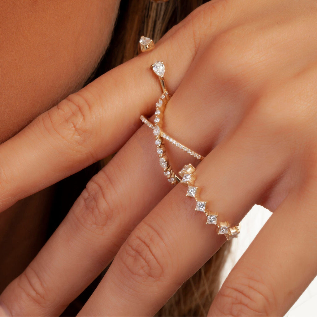 Diamond X Stacking Ring / 14k Gold Marquise and Round Diamond Crisscross Stacking Ring / Wedding Band / Stacking Ring/ Anniversary Gift