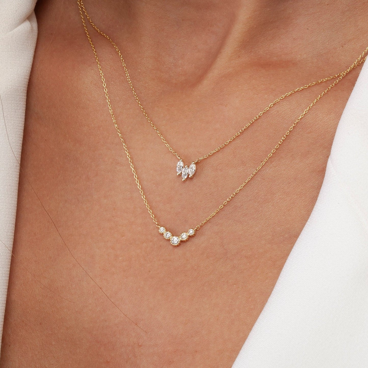 Marquise Diamond Necklace / 14k Gold and Diamond Tria Marquise Necklace / Diamond Necklace / Dainty Diamond Necklace