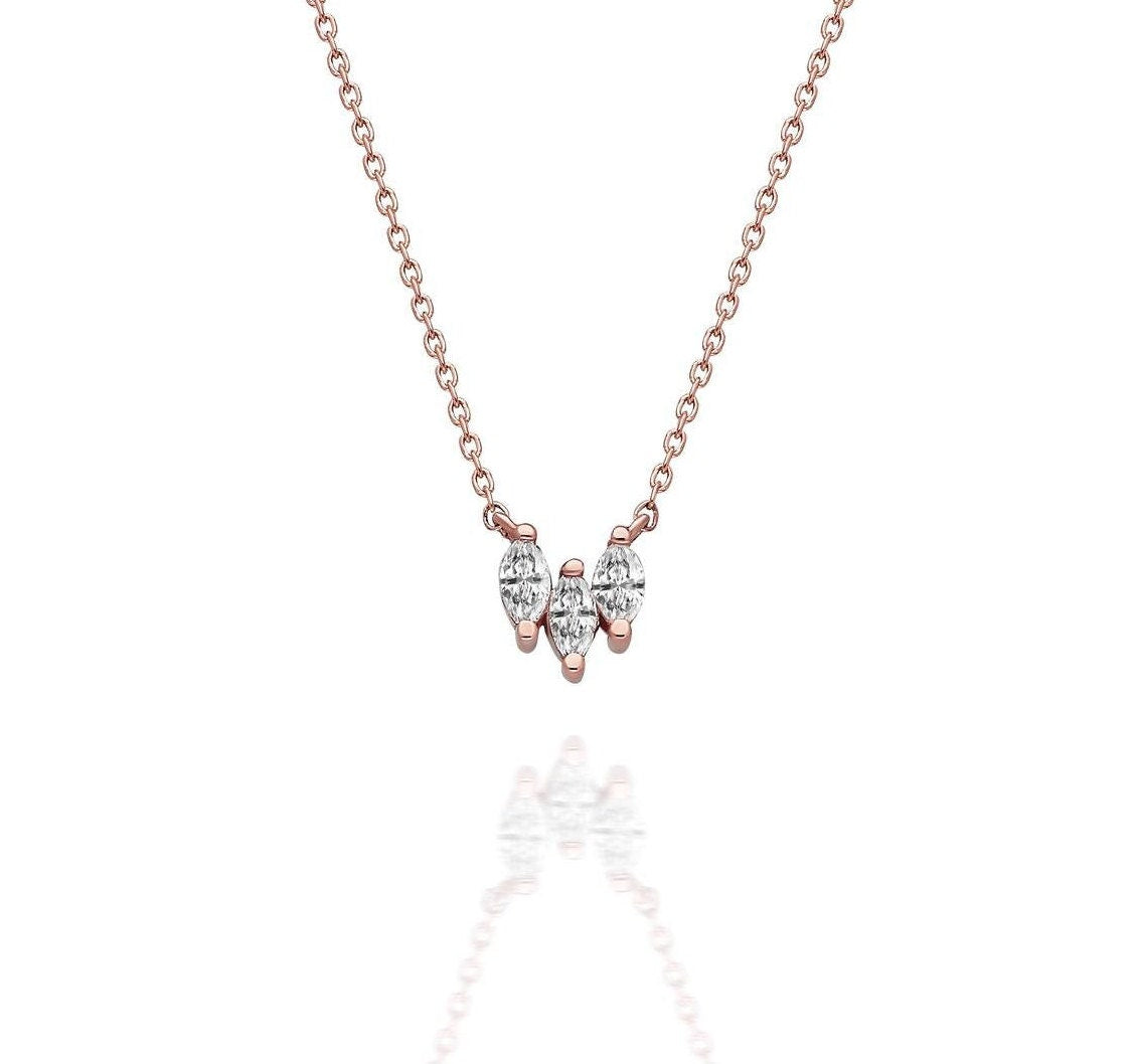 Marquise Diamond Necklace / 14k Gold and Diamond Tria Marquise Necklace / Diamond Necklace / Dainty Diamond Necklace