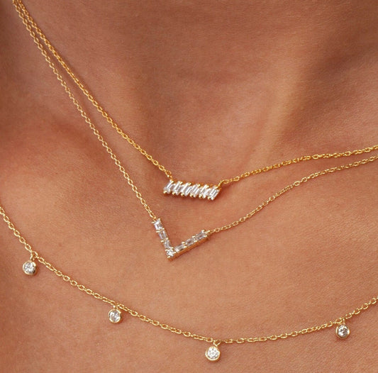 Tilted Baguette Bar Necklace / 14k Gold Baguette Diamond Bar Necklace / Tilted Baguette Diamond Necklace / Dainty Diamond Necklace