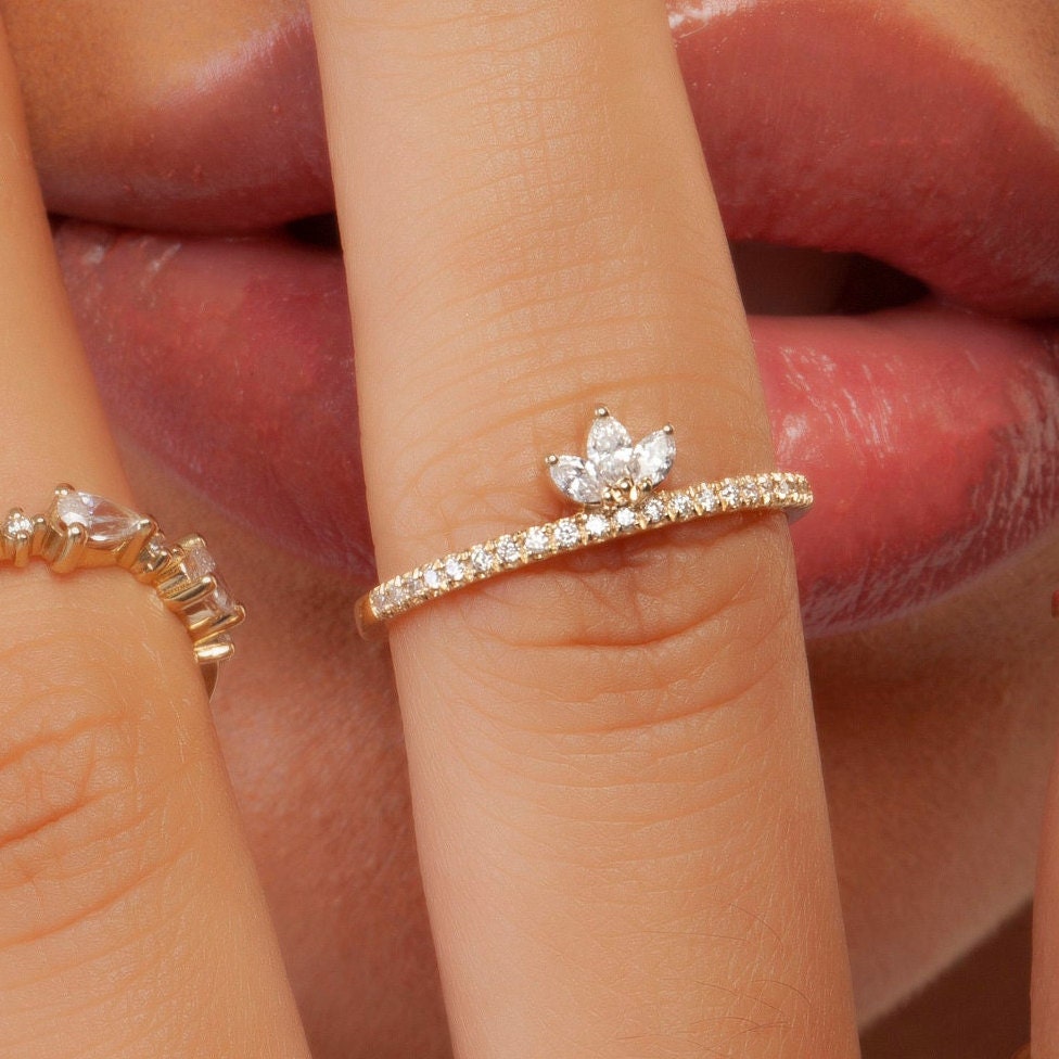 14k Marquise and Round Diamond Wedding Band / Engagement Ring / Stacking Ring / Crown Diamond Ring/ Bridal Gift / Contour Nesting Ring