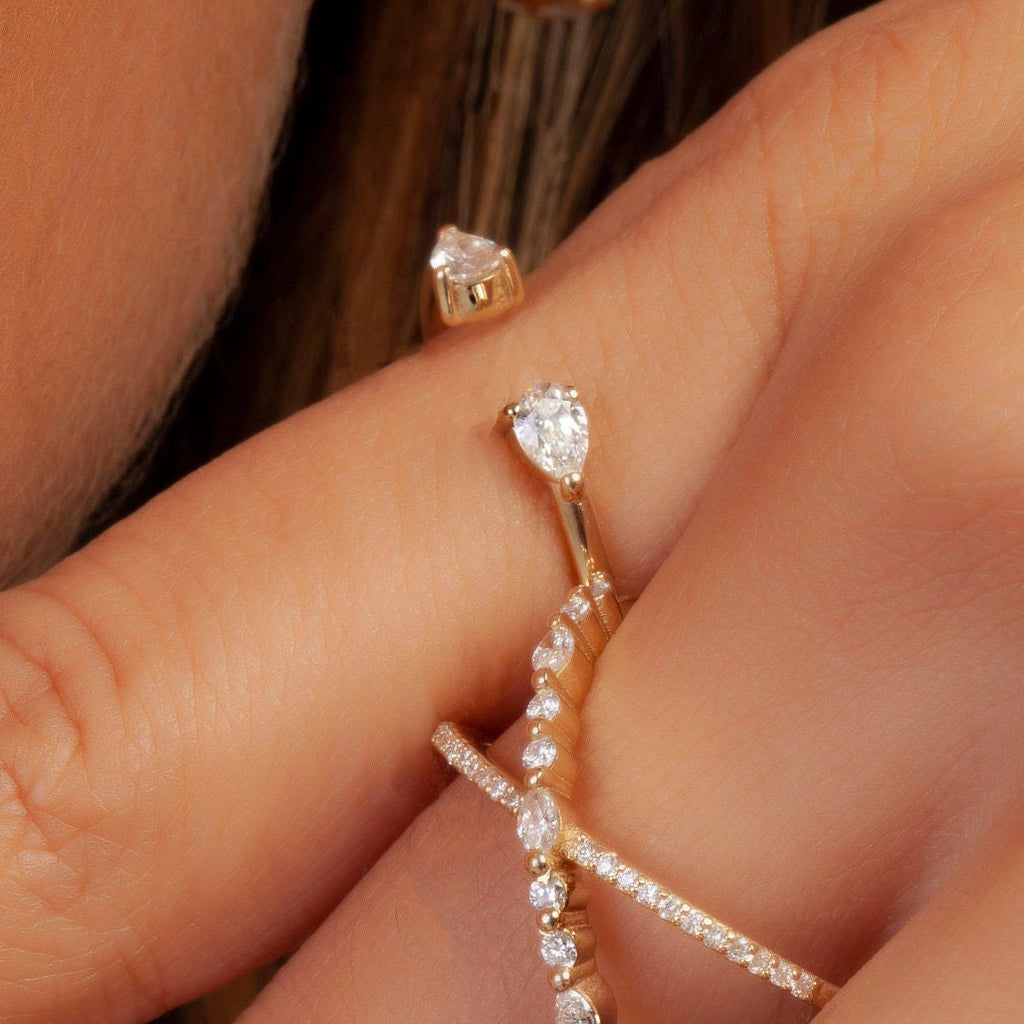 Pear Diamond Cuff Ring / 14k Gold Pear Diamond Cuff Band / Stacking Ring / Bridal Gift / Anniversary Gift / Diamond Gift Ideas