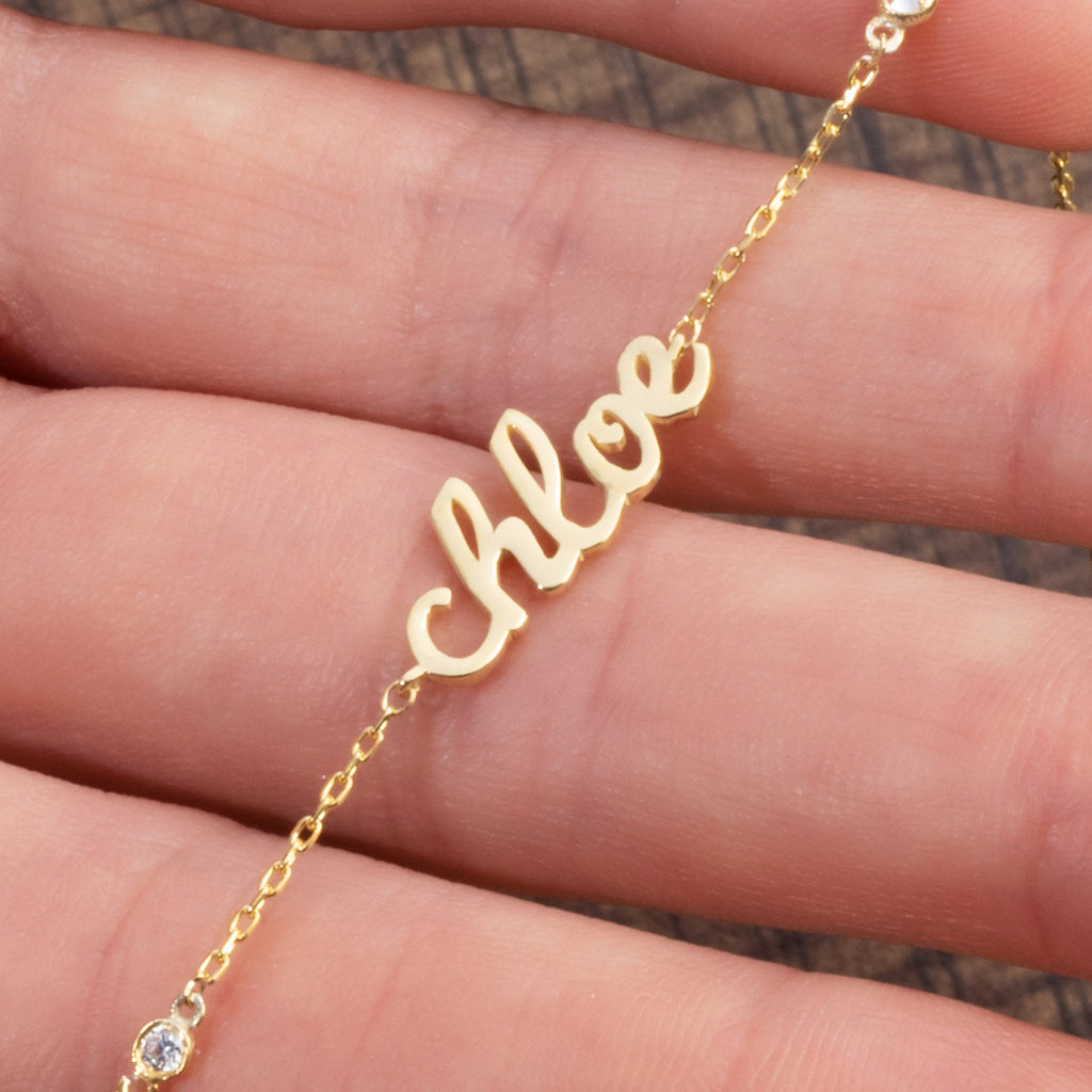 Diamond Name Bracelet / 14k Personalized Diamond Cursive Name Bracelet / Personalized Diamond Letter Bracelet / Script Name Bracelet