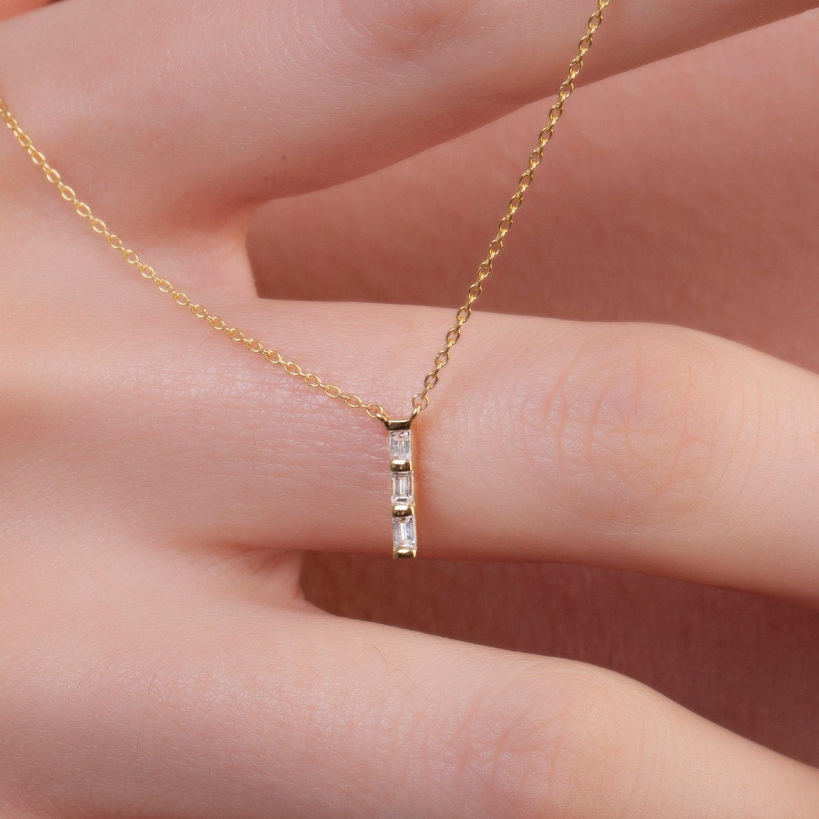 Diamond Bar Necklace / 14k Gold or Silver Horizontal Diamond Bar Necklace / Diamond Necklace / Diamond Birthday Gift / Diamond Gift Ideas