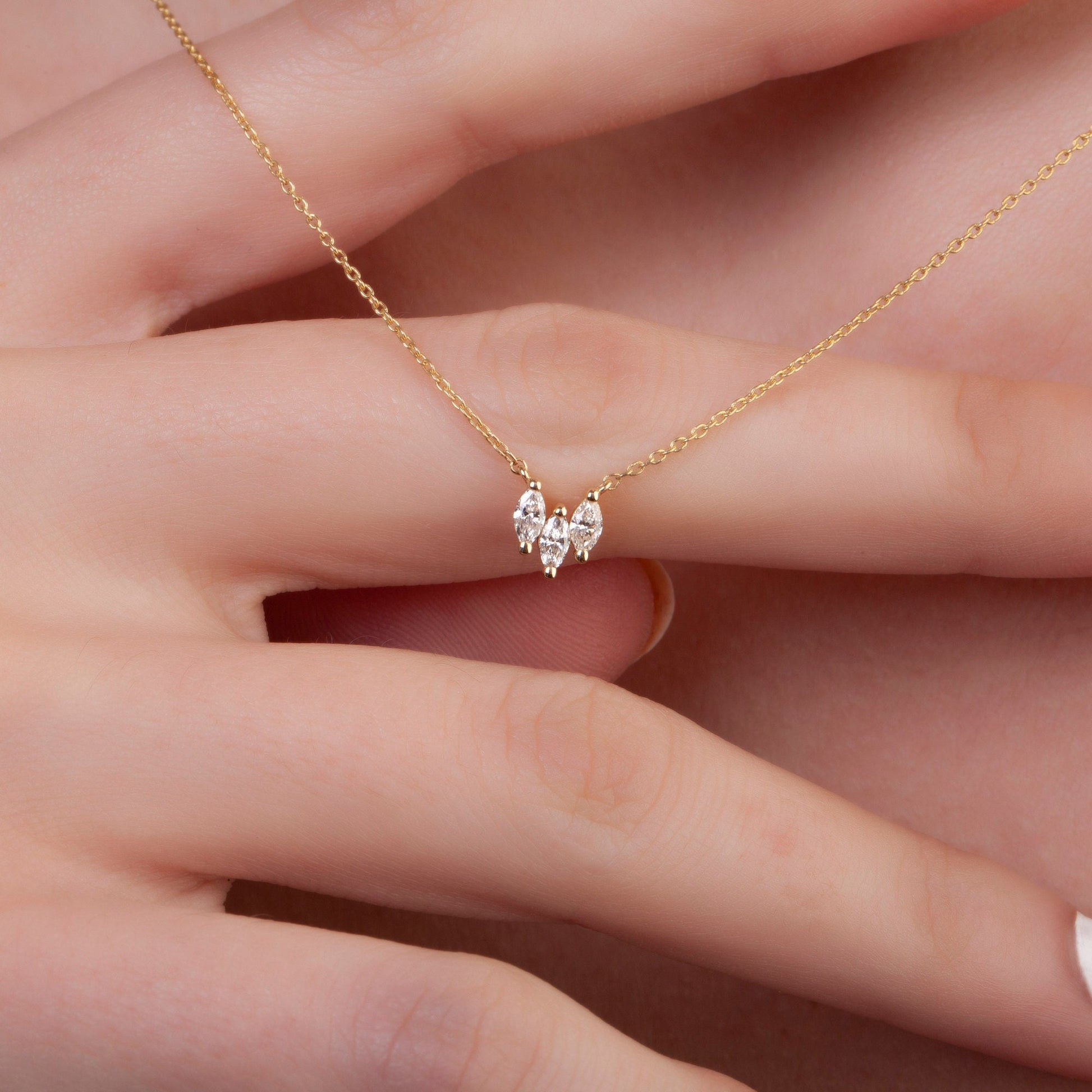 Marquise Diamond Necklace / 14k Gold and Diamond Tria Marquise Necklace / Diamond Necklace / Dainty Diamond Necklace