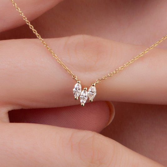 Marquise Diamond Necklace / 14k Gold and Diamond Tria Marquise Necklace / Diamond Necklace / Dainty Diamond Necklace