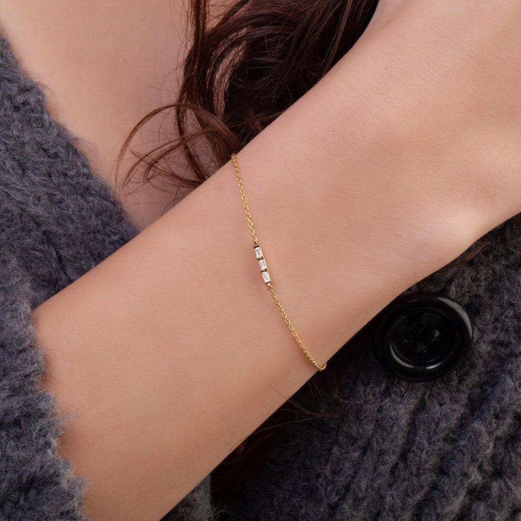Diamond Bar Bracelet / 14k Gold and Baguette Diamond Bar Bracelet / Dainty Diamond Bracelet / Holiday Gift