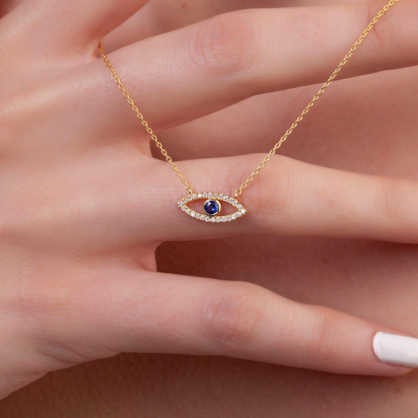 Diamond Evil Eye Necklace / 14k Gold Diamond and Gemstone Evil Eye Protection Necklace / Dainty Evil Eye Necklace