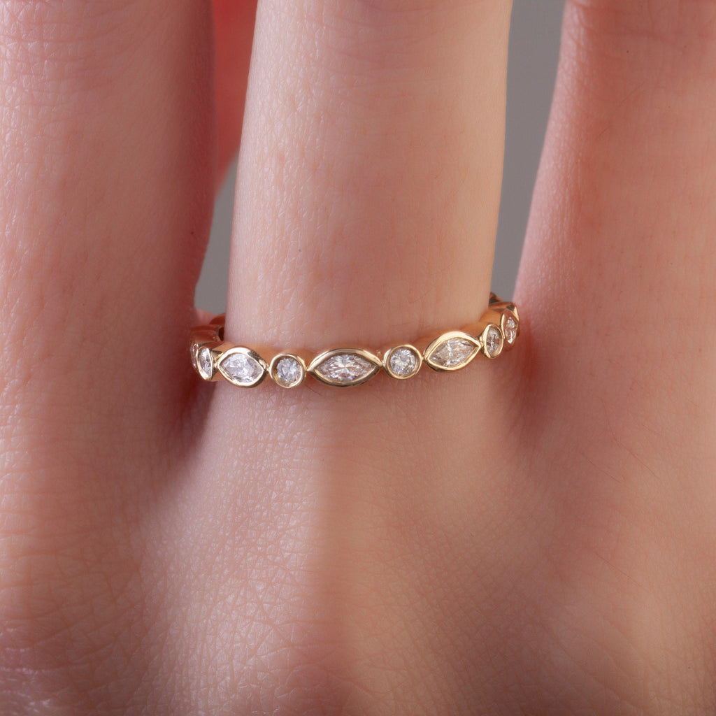 Marquise and Round Diamond Ring in 14k Gold / Bezel Setting Alternating Marquise & Round Diamond Half Eternity Anniversary Band / Birthday
