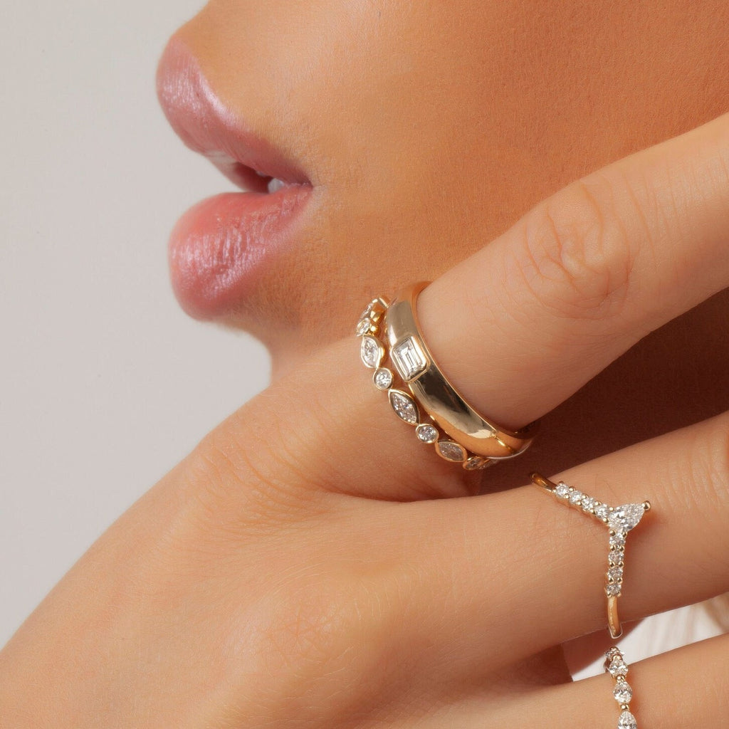 Marquise and Round Diamond Ring in 14k Gold / Bezel Setting Alternating Marquise & Round Diamond Half Eternity Anniversary Band / Birthday