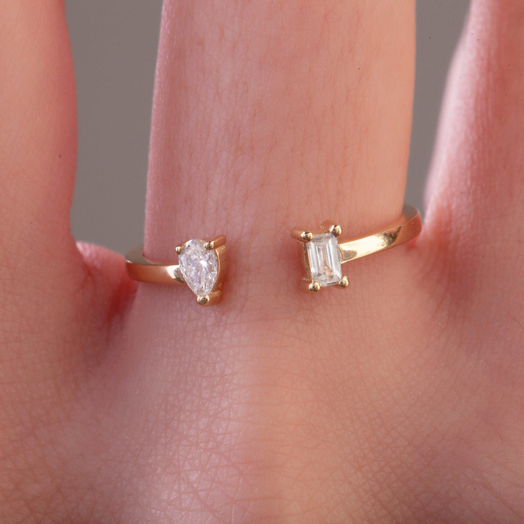 Diamond Cuff Ring / 14k Gold Pear and Baguette Diamond Cuff Band / Diamond Stacking Ring / Anniversary Gift / Diamond Gift Ideas