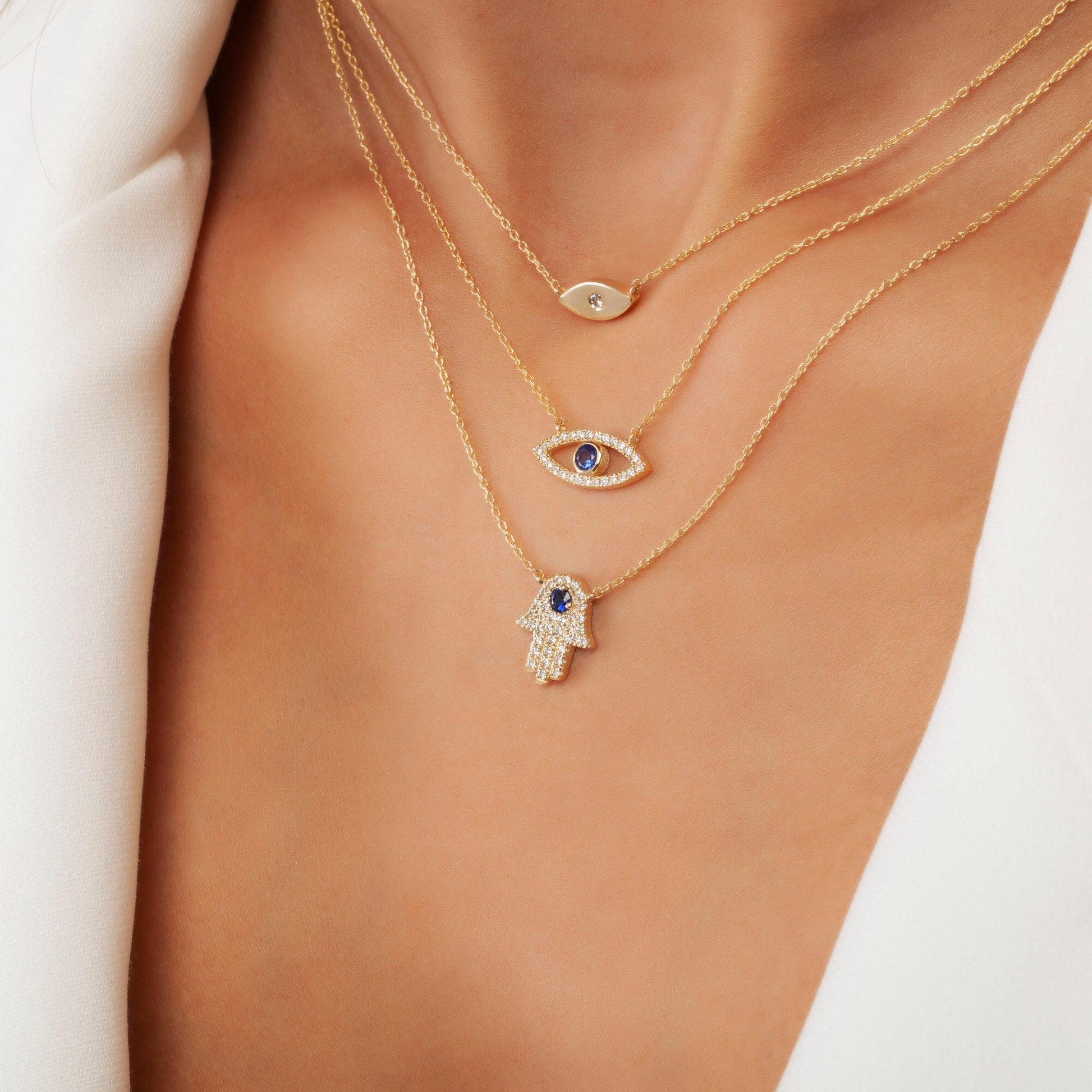 Diamond Evil Eye Necklace / 14k Gold Diamond and Gemstone Evil Eye Protection Necklace / Dainty Evil Eye Necklace