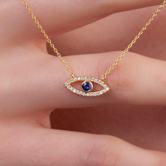Diamond Evil Eye Necklace / 14k Gold Diamond and Gemstone Evil Eye Protection Necklace / Dainty Evil Eye Necklace